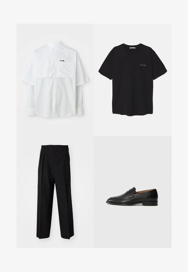 Weißes kurzärmliges Hemd mit Knopfleiste, das eine Brusttasche und ein Markenetikett aufweist. Hergestellt aus leichtem Baumwollmaterial mit glatter Oberfläche.; Schwarzes Baumwoll-T-Shirt mit Rundhalsausschnitt, kurzen Ärmeln und weißem Logodruck auf der linken Brust. Einfaches, einfarbiges Design.; Schwarze, plissierte Hose mit geradem, weitem Bein. Hergestellt aus glattem Stoff, mit Knopfverschluss und Gürtelschlaufen.; Schwarze Leder-Slipper mit runder Zehenform, dezenten gestickten Details und niedrigem Absatz, ausgestattet mit glatter Textur und minimalistischem Design.