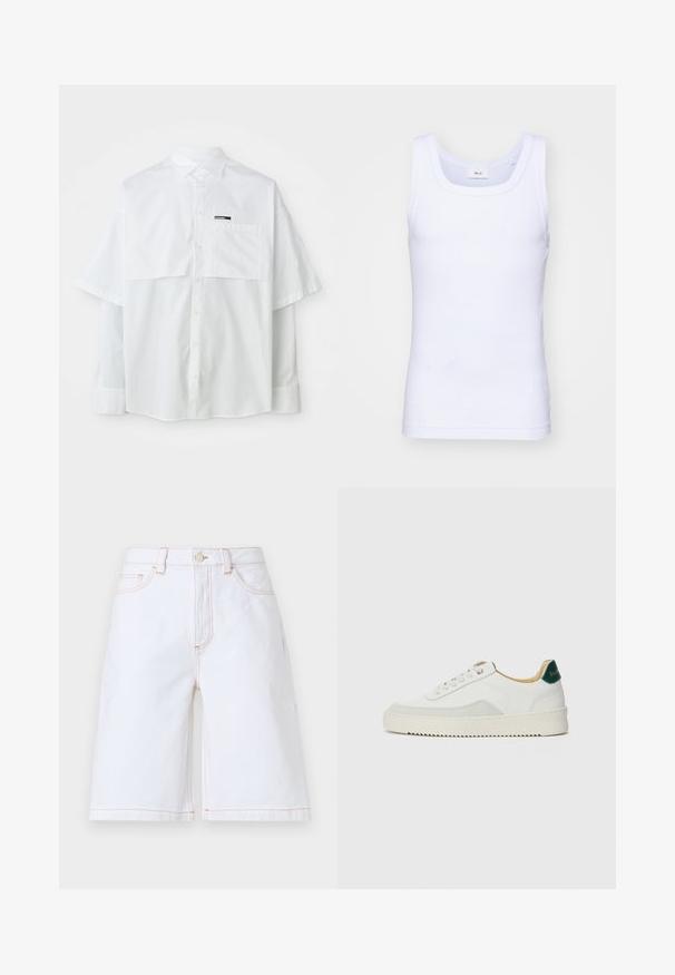 Fehér, rövid ujjú, gombos ing, mellzsebbel és márkás címmel. Könnyű pamut anyagból készült, sima tapintással.; Fehér pamut ujjatlan trikó kerek nyakkivágással, sima textúrával és testhezálló fazonnal, amelyet hétköznapi viseletre terveztek.; Fehér farmer rövidnadrág egyenes szabással, öt zsebbe és kontrasztos bézs varrással. Elöl gombbal és cipzárral záródik.; Fehér sneaker suédé részletekkel, kerek orral, lapos fűzőkkel és krémszínű gumitalppal. Zöld logó található a sarkán.