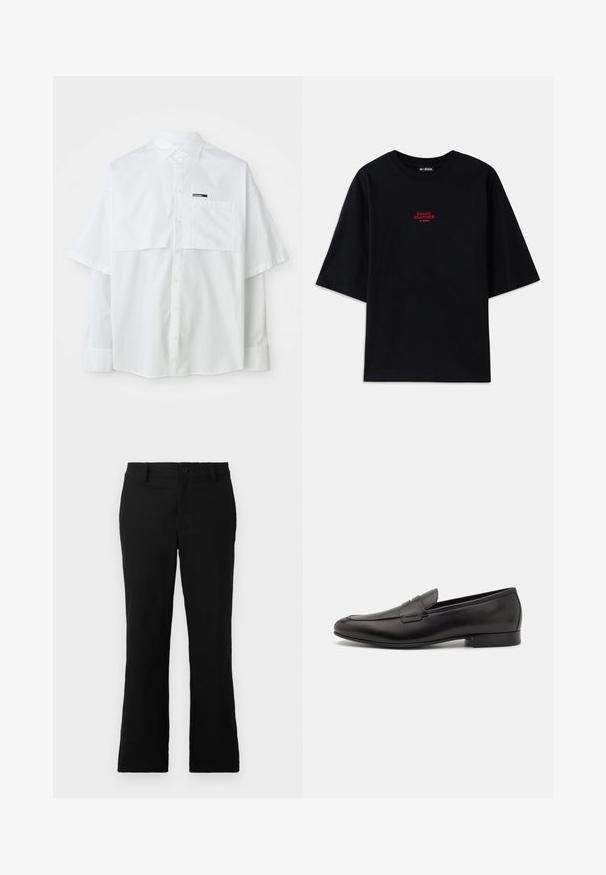 Weißes kurzärmliges Hemd mit Knopfleiste, das eine Brusttasche und ein Markenetikett aufweist. Hergestellt aus leichtem Baumwollmaterial mit glatter Oberfläche.; Schwarzes Baumwoll-T-Shirt mit kurzen Ärmeln und Rundhalsausschnitt. Mit einem roten "SNAKE CHARMER"-Grafik auf der Brust.; Schwarze, weit geschnittene Hosen aus einem Baumwollgemisch, mit einem Knopfverschluss, Gürtelschlaufen und einer glatten Textur ohne sichtbare Muster.; Schwarze Leder-Loafers mit einem eleganten Design, runder Zehenform und niedrigem, gestapeltem Absatz. Mit einem dekorativen gestickten Detail auf dem Obermaterial.