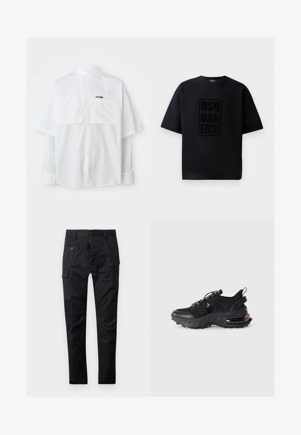Hvid kortærmet skjorte med knaplukning, der har en brystlomme og et mærke. Lavet af et letvægts bomuldsstof med en glat tekstur.; Dsquared2 LOOSE FIT CREW NECK - T-shirts print - black; Sorte cargo bukser lavet af slidstærkt stof, med flere lommer, knaplukning og lige ben-design. Glat tekstur og mat finish.; Sort atletisk sko med en tekstureret mesh-overdel og gummisål. Har en lilla luftdæmpningsenhed, snørebåndsdesign og en glidelås.