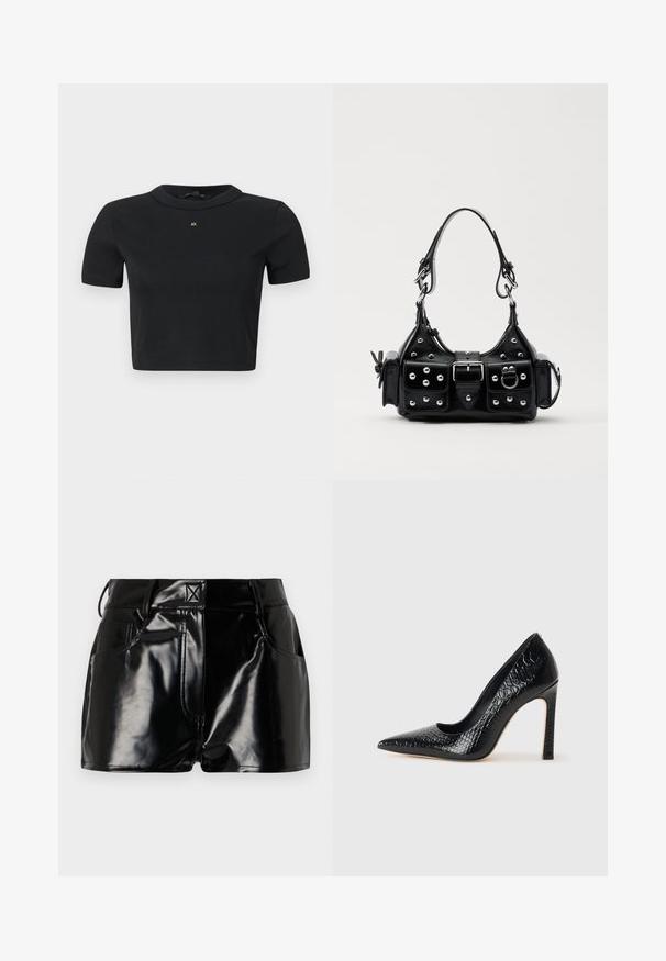 Schwarzes, kurzärmeliges, tailliertes Strickoberteil mit rundem Ausschnitt und kleinem goldenen "AX"-Logo auf der Brustmitte.; Schwarze, glänzende Shorts aus synthetischem Material. Mit einem taillierten Bund, Gürtelschlaufen und vorderen Taschen mit auffälligen Nähdetails.; Schwarzer, spitz zulaufender High Heel mit Krokodilleder-Struktur, elegantem Design, hohem Stiletto-Absatz und glattem schwarzen Innenraum.; Schwarze Lederhandtasche mit einem geschwungenen Design, verziert mit silbernen Nieten, einer Schnalle und zwei seitlichen Taschen. Verstellbarer Träger für verschiedene Tragemöglichkeiten.
