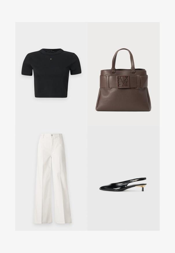 Top corto in maglia nera a maniche corte con scollo rotondo e piccolo logo "AX" dorato al centro del petto.; Pantaloni bianchi a gamba larga realizzati in cotone con una texture liscia. Presentano un bottone anteriore, una zip e un design a quattro tasche.; Pump slingback neri con punta affusolata, finitura in pelle lucida e tacco piccolo con accento dorato. Design elegante con schienale aperto.; Borsa a mano in pelle marrone con texture a granuli, manici superiori e un logo prominente su una cintura simile a una tracolla. Presenta accenti angolari e una forma strutturata.
