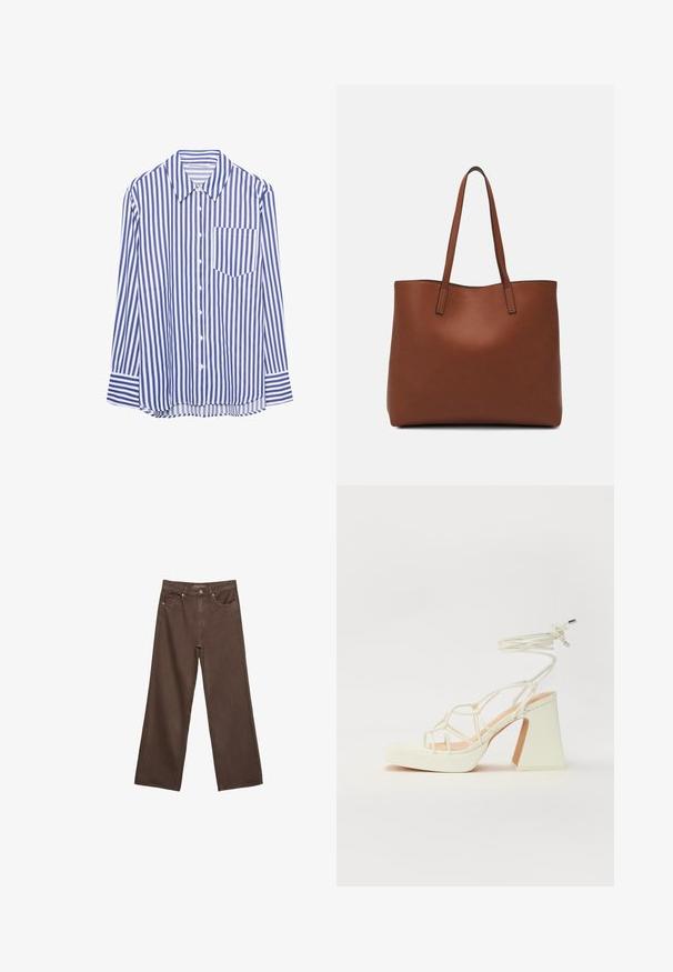 Plava i bijela prugasta košulja dugih rukava s gumbima i oštrim ovratnikom, s džepom na prsima, položena na bijelu podlogu.; Proširene smeđe traperice od denima, s visokim strukom, prednjim džepovima i klasičnom kopčom na dugme. Glatka tekstura s suptilnim šavovima.; Bijela sandala na visokoj potpetici s debelim petom, s remenom i vezanjem oko gležnja. Glatka tekstura s platformom sprijeda za dodatnu visinu.; Smeđa kožna torba preko ramena s glatkom teksturom, otvorenim vrhom i dvjema naramenicama. Ima minimalne šavove i nema vidljivog hardvera.