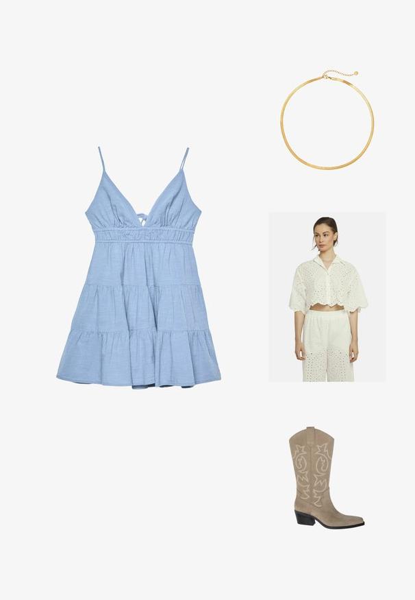 White cropped shirt with scalloped hem, featuring eyelet embroidery and a button front. Paired with matching loose-fitting pants.; Light blue sleeveless dress with a v-neckline, gathered bodice, and tiered skirt. Made of textured fabric with adjustable straps.; PULL&BEAR Cowboy/Biker boots - taupe; Gold mesh choker necklace with a flat, flexible design. Features a chain extension for adjustable length. Smooth texture, minimalist look.