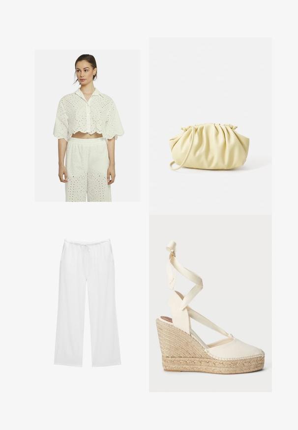 Witte cropped shirt met gegolfde zoom, voorzien van oogjes borduursel en een knoopsluiting aan de voorkant. In combinatie met bijpassende loszittende broek.; Witte wijde broekspunten gemaakt van zachte stof, met een elastische tailleband en een koord, en twee zijzakken. Eenvoudig en strak ontwerp.; Beige espadrille wedge sandaal met crisscross canvas banden en een geweven jute zool, voorzien van een ronde neus en een gestructureerd oppervlak.; Geel geplooide handtas van soepel nepleer, met een zachte vorm, een enkele schouderriem en een verzameld ontwerp aan de bovenkant.