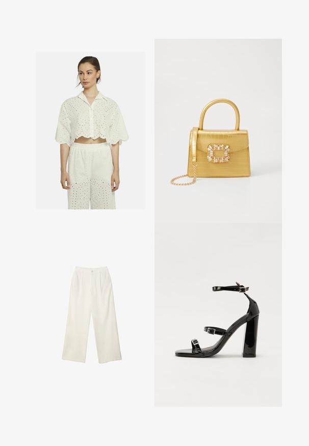 Witte cropped shirt met gegolfde zoom, voorzien van oogjes borduursel en een knoopsluiting aan de voorkant. In combinatie met bijpassende loszittende broek.; Brede broekspijpen in crème stof met een gladde textuur, voorzien van een enkele frontknop, subtiele plooien en een hoge taille.; Zwarte gepatenteerde sandalen met hak en een vierkante neus, enkelbandjes en zilveren gespen. Heeft een stevige blokhak voor stabiliteit.; Geel faux-krokodillenhandtas met een gestructureerd ontwerp, bovenhandvat, afneembare kettingriem en decoratieve kristallen versiering op de sluiting.