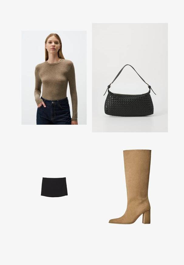 Haut ajusté à manches longues en tissu marron clair, avec un col rond. Associé à un jean taille haute bleu foncé avec poches.; Minijupe noire en tissu lisse et extensible ; présente une coupe droite avec un ourlet subtil et sans fermetures ni motifs visibles.; Botte en daim beige montant jusqu'au genou avec un talon carré, dotée d'un bout pointu et d'une texture lisse. Design minimaliste sans embellissements.; Sac à épaule tissé noir avec une bandoulière en cuir lisse et une fermeture éclair. Présente une surface texturée et une forme courbée.