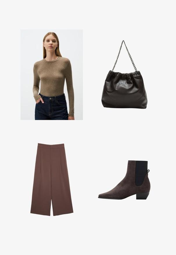 Haut ajusté à manches longues en tissu marron clair, avec un col rond. Associé à un jean taille haute bleu foncé avec poches.; Pantalons larges marron avec une texture lisse, dotés d'une taille haute et de plis à l'avant. Le tissu est léger et tombe de manière fluide.; Botte de cheville en suède gris foncé avec un bout pointu, des panneaux latéraux élastiques et un petit talon carré. Présente une sangle de tirage à l'arrière.; Sac en cuir marron avec un haut froncé et une bandoulière en chaîne. Texture lisse avec une finition brillante et des coutures subtiles sur les côtés.