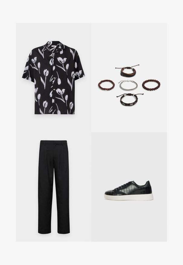 Kortermet svart skjorte med hvit tulipanmønster, med knapper foran og avslappet passform. Laget av lettvektig stoff med en glatt tekstur.; Sorte bukser laget av glatt stoff, med rette ben, to frontfoldninger og standard liv med beltehemper.; Svarte joggesko med en teksturert krokodille-embossed læroverdel, rund tå og en kontrasterende hvit gummisåle med en glatt overflate.; Sett med fem armbånd som inkluderer brunt lær, treperler og en sølvkjede; ulike teksturer og former, med justerbare lukkinger.
