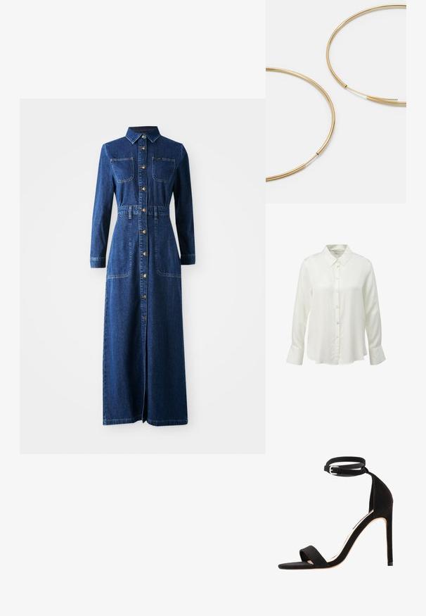 s.Oliver BLACK LABEL Button-down blouse - creme; Denim maxi dress with long sleeves, pointed collar, button-down front, two chest pockets, cinched waist, and side slits for ease of movement.; Black suede high-heeled sandals with a simple strap design, open toe, and ankle strap featuring a silver buckle.; Gold-colored hoop earrings, thin and round in shape, with a smooth metallic finish and no embellishments or patterns.