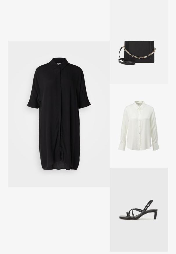 s.Oliver BLACK LABEL Button-down blouse - creme; Black, short-sleeve shirt dress made from a lightweight fabric. Features a collar, button-down front, and a loose, elongated silhouette.; Black strappy sandal with a square toe and a low block heel. Features multiple thin straps and an adjustable ankle strap. Made of smooth leather.; Black leather crossbody bag featuring a smooth texture, rectangular shape, and a metallic chain detail on the front. Adjustable strap included.