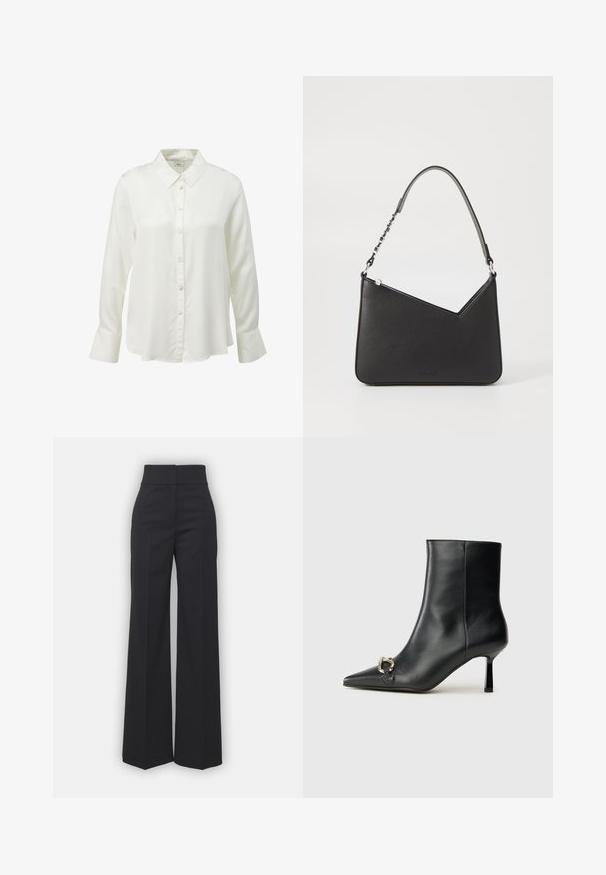 s.Oliver BLACK LABEL Hemdbluse - creme; Weite Hosen aus schwarzem Stoff mit hohem Bund, die eine saubere Verarbeitung und glatte Textur aufweisen. Keine sichtbaren Beschläge oder Muster.; Schwarze Leder-Stiefelette mit spitzer Zehe, schlankem, mittelhohem Absatz und silberner Schnalle seitlich vor einem schlichten Hintergrund.; Schwarze Lederhandtasche in dreieckiger Form, mit schmalem Tragegurt und silbernem Zubehör. Sie verfügt über einen Reißverschluss und ein geprägtes Logo auf der Vorderseite.