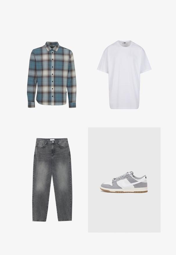 Koszula w kratę z długim rękawem w kolorach niebieskim, białym i brązowym. Wykonana z miękkiego materiału, z klasycznym kołnierzykiem i zapięciem na guziki.; Biała bawełniana koszulka z krótkimi rękawami, okrągłym dekoltem, luźnym krojem i bez widocznych logo lub wzorów. Gładka tekstura i minimalistyczny design.; Jeansy z wysokim stanem, luźne, w wyblakłym czarnym deninie. Posiadają pięć kieszeni, szlufki na pasek oraz prosty, klasyczny krój nogawek.; Szare i białe trampki z zamszową i skórzaną cholewą, okrągłym noskiem, płaskimi sznurówkami i gumową podeszwą z akcentem w kolorze gumy.
