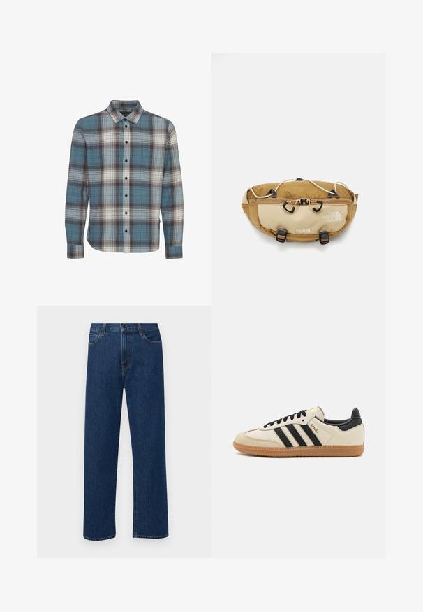 Dolga srajca s karo vzorcem v modri, beli in rjavi barvi. Narejena iz mehkega materiala s standardnim ovratnikom in zapenjanjem na gumb.; Temno modri jeans ravne krojenje z naprsnimi žepi in gumbom za zapiranje, prikazani na enostavni beli podlagi.; Bež športna čevlja z črnimi črtami, gumijastim podplatom in črnimi detajli. Imajo gladko usnjeno zgornji del in obliko zaobljenega prsta.; The North Face TERRA LUMBAR 3L UNISEX - Torbica za okoli pasu - utility brown/khaki stone