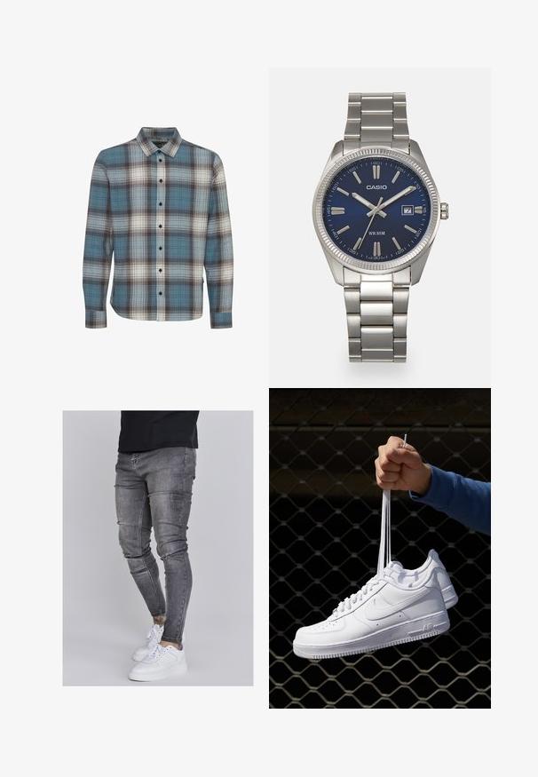 Košile s dlouhým rukávem v kostkovaném vzoru v modré, bílé a hnědé barvě. Vyrobena z měkké tkaniny se standardním límcem a zapínáním na knoflíky.; Slim fit džíny v bledě šedém denimovém provedení, s opotřebovanými detaily na kolenou, kombinované s bílými teniskami. Hladká textura, těsný střih.; Bílé kožené tenisky s perforacemi, kulatou špičkou, plochou podrážkou a silnými tkaničkami, které mají viditelné logo swoosh a nápis "AIR" na patě.; Stříbrný nerezový náramkový hodinky s navy modrým ciferníkem, kovovými hodinovými značkami a oknem pro datum na hodině 3. Vodotěsné do 50 metrů.