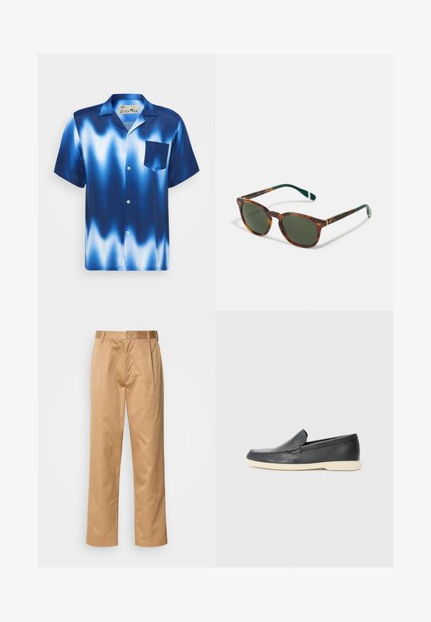 Kratke rukave, srajca na gumbe v gradientni modri barvi z belimi valovi. Ima žep na prsih in gladek, sijoč material.; Kaki hlače, mešanica bombaža, oblik ravnih nogavic, sprednji pregibi, zanke za pas in gumbasto zapiranje. Gladka tekstura brez vzorcev.; Črne usnjene natikače z teksturiranim zaključkom in kontrastno bež gumo na podplatu. Imajo subtilen naglas vzdolž sprednje strani.; Soncečna očala iz marmorja s zelenimi lečami, zaobljene oblike, zlatorjavimi poudarki in temno zelenimi ročaji, ki imajo belo črto.