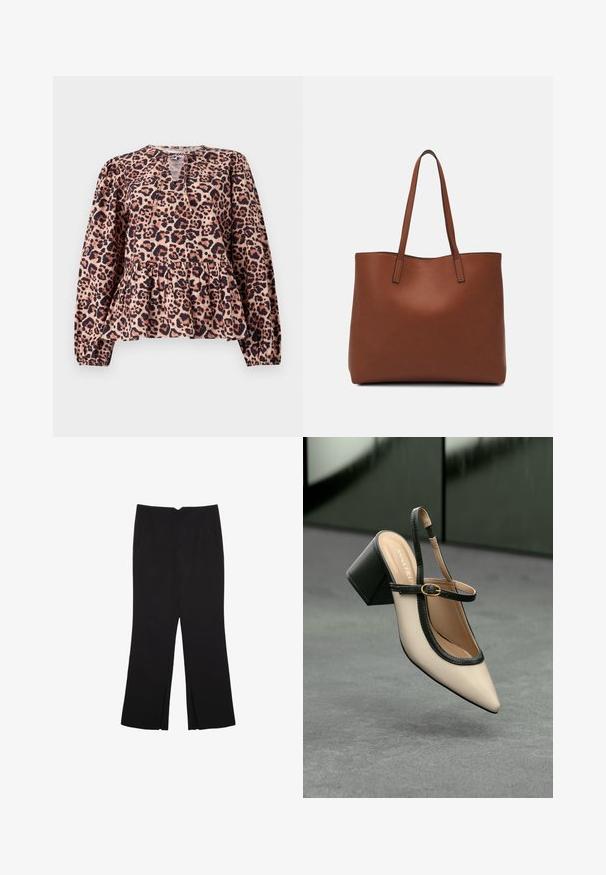 Leopardmönstrad peplumtop med långa ärmar, rund halsringning och nyckelhålsdetalj. Tillverkad av mjukt tyg med en texturerad yta.; Svarta byxor med rak passform, utrustade med framfickor och sidoklyvningar vid fållen. Tillverkade av mjukt, slätt tyg. Lämpliga för olika tillfällen.; Beige spetstoppad slingback-sko med svart kant, guldspänne och en kraftig blockklack på grått golv med mörkgrön bakgrund.; Brun läder tote-väska med en slät textur, öppen toppdesign och två axelremmar. Har minimal söm och ingen synlig metalldetalj.
