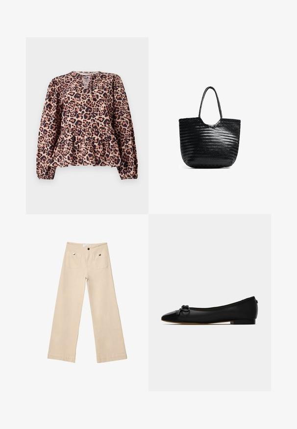 Top peplum con stampa leopardata, maniche lunghe, scollatura rotonda e dettaglio a chiave. Realizzato in tessuto morbido con una finitura testurizzata.; Pantaloni beige a gamba larga in cotone morbido, con due tasche anteriori in metallo argentato, taglio dritto e orli rifiniti con cura.; Scarpa piatta nera in pelle liscia, con punta rotonda e un dettaglio a fiocco decorativo sulla parte anteriore. Presenta un tacco basso e quadrato.; Borsa a spalla intrecciata nera con parte superiore arrotondata, cuciture laterali e due manici intrecciati. Presenta un motivo testurizzato e un ampio interno.