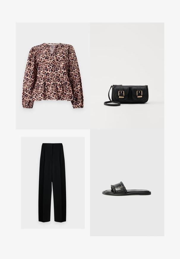 Leopardiprindiga peplum-top, millel on pikad varrukad, ümmargune kaelus ja võtmeaugu detail. Valmistatud pehmest kangast, millel on tekstureeritud pind.; Mustad laiad püksid kõrge vöökohtaga, millel on voldid ja sujuv tekstuur. Kanga välimus on kerge ja see ripub elegantselt.; Mustmust nagu nahast sandaalid, millel on kootud rihm, lame tall, ja Nub kerge disain. Sile tekstuur ja minimalistlik profiil.; Must küllastamata nahast õlakott, millel on kaks esist nähtavat taskut, kuldsed pandlad, tõmblukuga sulgemine ja peen rihm. Tekstuuriga pind ja kompaktne ristkülikukujuline kuju.