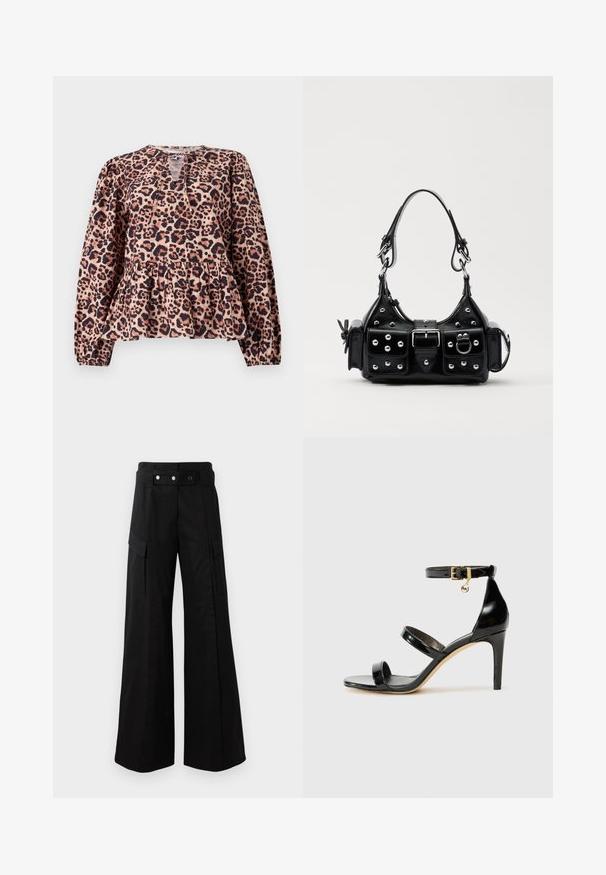 Peplum top med leopardprint, lange ærmer, rund halsudskæring og nøglehul detalje. Lavet af blødt stof med en struktureret overflade.; Sorte brede bukser med høj talje, som har store sidelommer, to forreste knapper og en løkke-detalje. Lavet af holdbart materiale.; Sorte patenterede lædersandaler med tre stropper, ankelspænde og 10 cm stiletthæl. Har detaljer i guld og et logo charms.; Sort læderhåndtaske med et buet design, prydet med sølvfarvede nitter, en spænde og to sidelommer. Justerbar rem til forskellige bære muligheder.