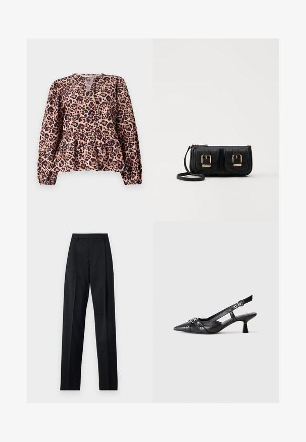 Leopardi kuvioinen peplum-toppi, jossa on pitkät hihat, pyöreä pääntie ja avainrei'itys. Valmistettu pehmeästä kankaasta, jossa on teksturoitu pinta.; Musta housut, jotka on valmistettu sileästä kankaasta ja joissa on korkea vyötärö, leveät lahkeet, etukaarteet ja klassiset vyölenkit. Ei näkyviä sivutaskuja.; Mustat nahkakengät, joissa on avonainen takaosa ja kärjessä terävä muoto, koristevyöt, joissa on metalliset reiät, sekä matala lohkoepohja. Teksturoitu pinta.; Musta nahkainen olkalaukku, jossa on kaksi etutaskua, kultaiset soljet, vetoketjukiinnitys ja kapea hihna. Teksturoidun pinnan ja kompaktin suorakaiteen muoto.