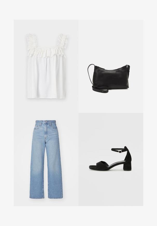 Balta be rankovių palaidinė su raukšlėmis ant pečių ir iškirptės, pagaminta iš lengvos medžiagos su laisvu siluetu.; Šviesiai mėlynos aukšto liemens plačios kojos džinsai su priekiniais užtrauktukais ir sagom, priekinėmis ir galinėmis kišenėmis, ant baltos fono.; Juodos aksominės basutės su plona kulkšnies juosta, atvira pirštų dalimi ir nedideliu blokuotų kulniukų. Lygus paviršius ir minimalūs akcentai.; Juodas odinis petinis krepšys su lygiu paviršiumi, išlenkta forma, reguliuojama dirželiu ir užtrauktuku. Minimalistinis dizainas be puošmenų.