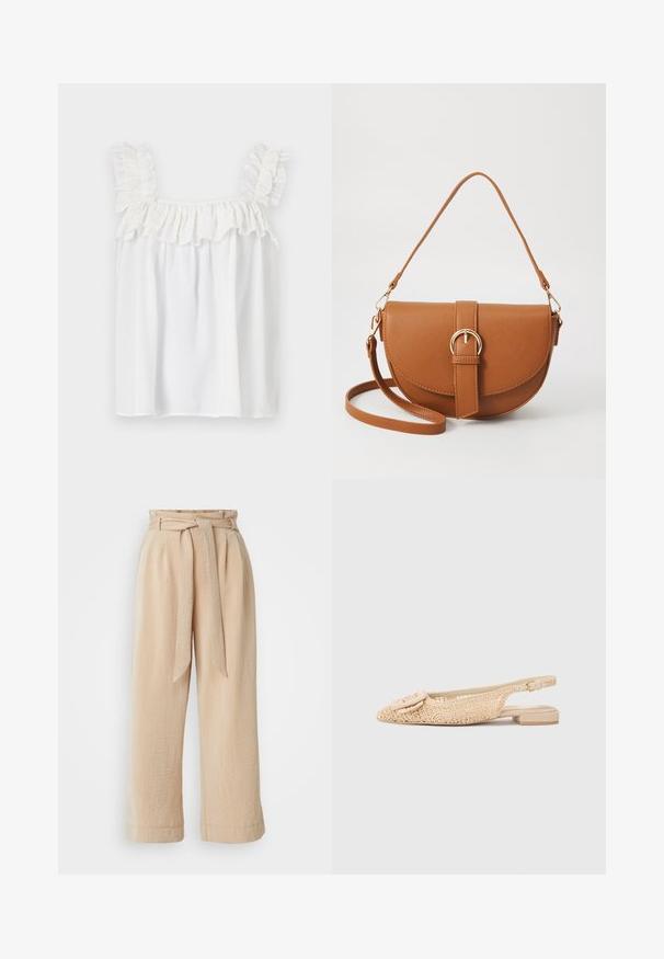 White sleeveless top featuring ruffled accents on the shoulders and neckline, made from lightweight fabric with a loose fit.; Beige wide-leg trousers with a belted waist, made of textured fabric. Features a front pleat and a smooth finish along the hem.; Beige lace slingback flats with a floral pattern, rounded toe, and a small buckle detail. Flat heel and open sides for breathability.; Brown leather crossbody bag with a curved shape, gold hardware, and a buckle accent. Features a detachable shoulder strap.