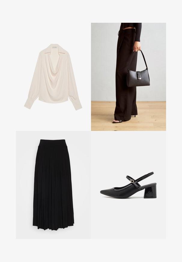 Šviesiai kreminės spalvos ilgomis rankovėmis bluzonas su kaklo apykakle, pasižymintis laisvu pritaikymu, sukama apykaklėmis ir be siūlių drapiruotėmis kaklo srityje.; Juodas plisuotas sijonas su aukštu, tampri juosta. Pagamintas iš minkštos medžiagos, turi vertikalias plisėles, sukuriantis laisvą siluetą.; Juodi patentinio odos slingback aukštakulniai su smailiu pirštu, apvaliu išpjovimu ir blokiniu kulnu. Papuošti auksiniu juostos akcentu.; Juodas rankinė struktūrizuota forma, lygi tekstūra ir metalinis užsegimas. Suporuota su plačiomis juodomis kelnėmis ir atvirais bateliais ant medinių grindų.