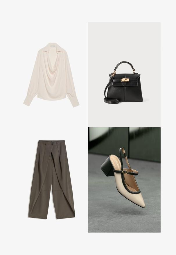 Bluzica z dolgimi rokavi s cowl ovratnikom v svetlo kremni tkanini, z sproščenim krojem, zavihanimi manšetami in brezšivnim drapežem ob vratu.; Široke hlače iz teksturiranega temno sive tkanine. Imajo sprednji zarezan, gumb za zapiranje in stranske žepe za praktičnost.; Bežna slingback čevlja z uskim sprednjim delom, črnimi detajli, zlatim zaponko in debelim blokovskim peto na sivi tleh s temno zeleno ozadje.; Črna usnjena torbica s strukturiranim dizajnom, zgornjo ročico, odstranljivo naramnico in zlatim okovjem na magnetnem zapiranju.