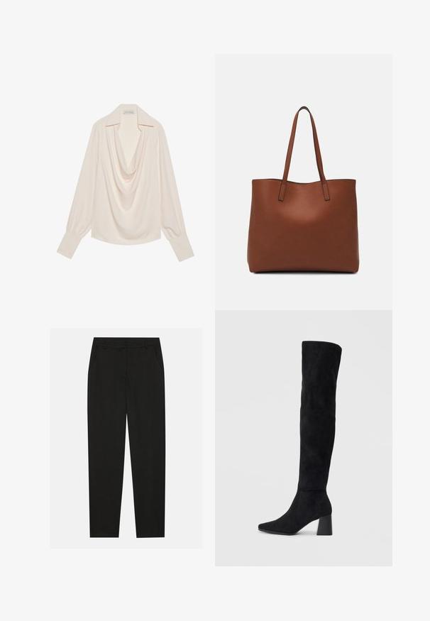 Bluzica z dolgimi rokavi s cowl ovratnikom v svetlo kremni tkanini, z sproščenim krojem, zavihanimi manšetami in brezšivnim drapežem ob vratu.; Črne hlače z oblikovanim krojem, ki imajo stranske žepke in ravno nogavico. Narejene so iz gladkega, lahkotnega materiala z elegantnim zaključkom.; Črne semiš škornje do kolen z blok peto, s koničastim nosom in gladkim, brezšivnim dizajnom na enostavni svetli podlagi.; Rjava usnjena torba z gladko teksturo, odprto zasnovo zgoraj in dvema naramnima trakovoma. Opremljena je z minimalnim šivanjem in brez vidnih kovinskih delov.
