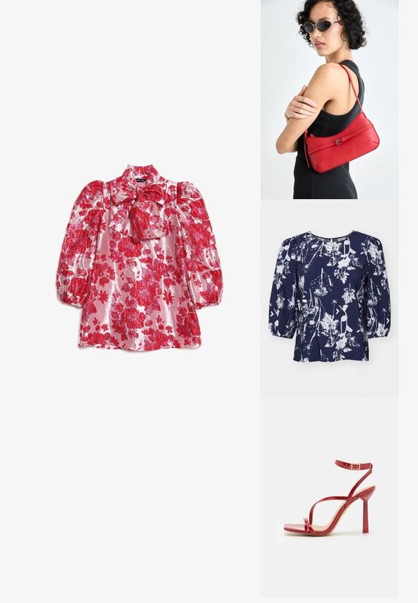 Mornarsko plava bluzica s bijelim botaničkim uzorkom, okruglim izrezom i napućenim rukavima. Teksturirani materijal s labavim krojem i suptilnim sjajem.; Crvena cvjetna bluza s naboranim rukavima, visokim ovratnikom i detaljem mašne. Izrađena od sjajnog tkanina s uzorkom velikih cvjetova na ružičastoj pozadini.; ALDO SCINTILLA - Sandale s visokom petom - red; Crvena kožna torba preko ramena s glatkom teksturom, zakrivljenim dizajnom i dekorativnom kopčom. Podesivi remen i zatvaranje na patentni zatvarač.