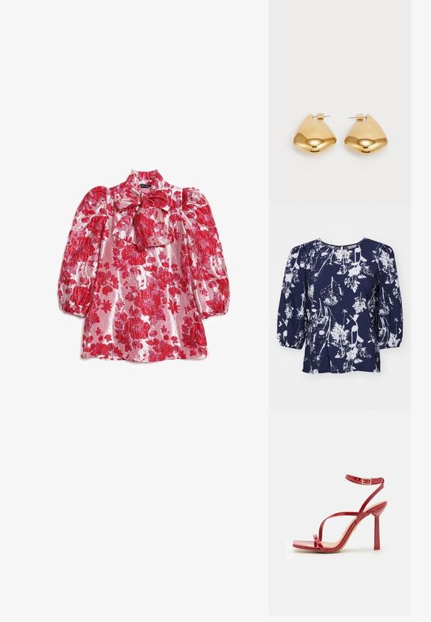 Navy blue blouse featuring white botanical print, round neck, and puffed sleeves. Textured fabric with a loose fit and subtle sheen.; Red floral blouse with puff sleeves, high neck, and bow detail. Made of shiny fabric with a pattern of large flowers on a pink background.; ALDO SCINTILLA - High heeled sandals - red; Red leather shoulder bag with a smooth texture, curved design, and a decorative buckle accent. Adjustable strap and zip closure.; Gold-tone metal earrings with a smooth, rounded triangular shape and post-back design; reflective surface with minimal detailing.
