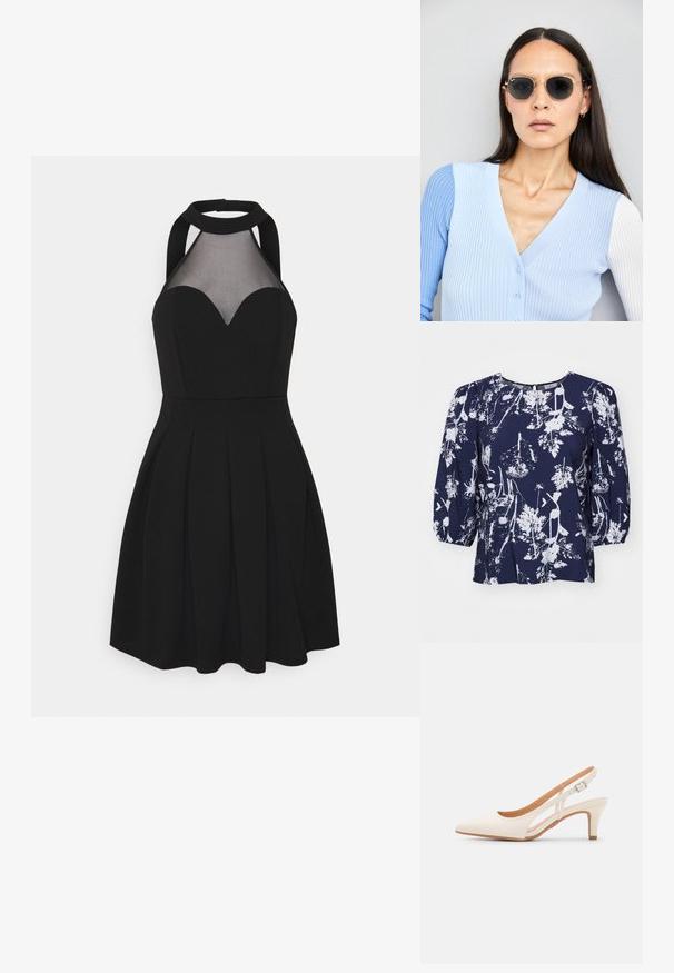 Blusa azul marino con estampado botánico blanco, cuello redondo y mangas abullonadas. Tejido texturizado con un ajuste holgado y un sutil brillo.; Vestido negro con escote halter y panel de malla. Presenta un escote en forma de corazón, falda plisada y corsé ajustado. Textura del tejido suave.; Zapato de tacón de tirantes blanco con punta afilada, material superior liso, tacón bajo y diseño con corte lateral con correa ajustable.; Gafas de sol redondas con lentes oscuros y montura dorada. El modelo lleva un cárdigan de canalé azul claro con botones y mangas blancas en contraste.; Monedero de muñeca Michael Kors en lona recubierta beige que presenta un patrón repetido del logo MK, herrajes dorados y una correa de cadena desmontable.