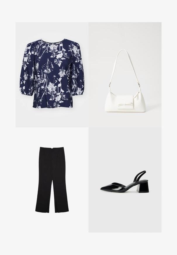 Sininen pusero, jossa on valkoinen kasvitulostus, pyöreä kaula-aukko ja puffehihat. Teksturoitu kangas, löysä istuvuus ja hienovarainen kiilto.; Mustat housut suoralinjaisella leikkauksella, joissa on etutaskut ja sivurei'ät helman alla. Valmistettu pehmeästä ja sileästä kankaasta. Sopii eri tilaisuuksiin.; Mustat patentoitu nahkakengät, joissa on säären takaosa ja terävä kärki, sekä geometrinen palikkakorko. Sisältää tyylikkään, minimalistisen muotoilun ja sileän pinnan.; Valkoinen synteettinen käsilaukku, jossa on kolmikulmainen muoto, tasainen etu läppä ja nauhadetail, säädettävä olkahihna, sileä rakenne ja minimalinen muotoilu.