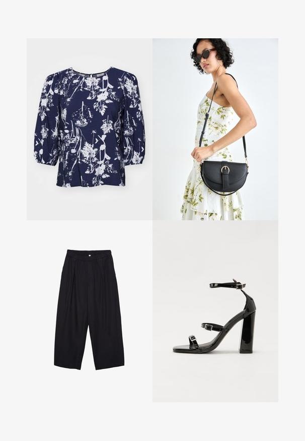 Blusa blu navy con stampa botanica bianca, scollatura tonda e maniche a sbuffo. Tessuto testurizzato con una vestibilità morbida e un leggero lucido.; Pantaloni culotte neri in poliestere con una cintura elastica, due pieghe frontali e una silhouette ampia. Nessun motivo visibile o dettagli in metallo.; Sandali con tacco in vernice nera, con punta squadrata, cinturini alla caviglia e fibbie in argento. Presentano un tacco a blocco spesso per maggiore stabilità.; Borsa a tracolla nera in pelle con una forma curva, manico rimovibile e accessori dorati. La borsa presenta una patta con un dettaglio a fibbia.