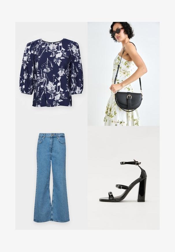 Marineblauwe blouse met witte botanische print, ronde hals en pofmouwen. Textuurstof met een losse pasvorm en subtiele glans.; Lichtblauwe flared jeans van denim, met een hoge taille, vijf zakken en een enkele knoopsluiting. Zachte textuur met een vervaagde afwerking.; Zwarte gepatenteerde sandalen met hak en een vierkante neus, enkelbandjes en zilveren gespen. Heeft een stevige blokhak voor stabiliteit.; Zwarte leren handtas met een gebogen vorm, afneembare schouderband en gouden hardware. De tas heeft een klep met een gespsluiting.