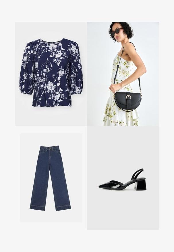 Navy blue blouse featuring white botanical print, round neck, and puffed sleeves. Textured fabric with a loose fit and subtle sheen.; Wide-leg jeans in dark blue denim. Features five pockets, belt loops, and a raw hem at the bottom with visible stitching details.; Black patent leather slingback heels with a pointed toe and a geometric block heel. Features a sleek, minimal design and smooth texture.; Black leather handbag with a curved shape, detachable strap, and gold hardware. The bag features a flap with a buckle detail.