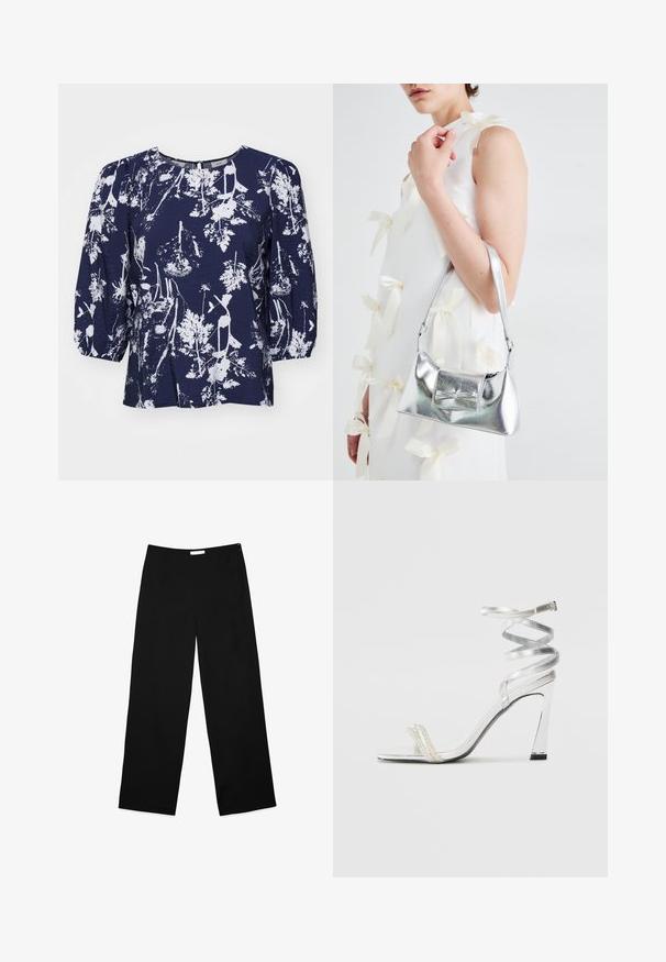 Tamsiai mėlyna bliusonė su balta botanine estampu, apvali iškirptė ir pūsta rankovėmis. Tekstūruotas audinys, laisvas siluetas ir subtilus blizgesys.; Juoda medžiaga, plačios kojų kelnės, turinčios glotnią tekstūrą, švarų dizainą ir diskretinį šoninį užtrauktuką.; Sidabrinė aukšto kulno sandalai su blizgiu diržo dizainu, featuring perlo panašus akcentas ir spiralinė kulkšnies dirželis saugiam prisitaikymui.; Sidabrinė metalinė rankinė su struktūrizuota forma, turinti viršutinę rankeną ir kaspiną priekyje. Lygi tekstūra, atspindinti apdaila.