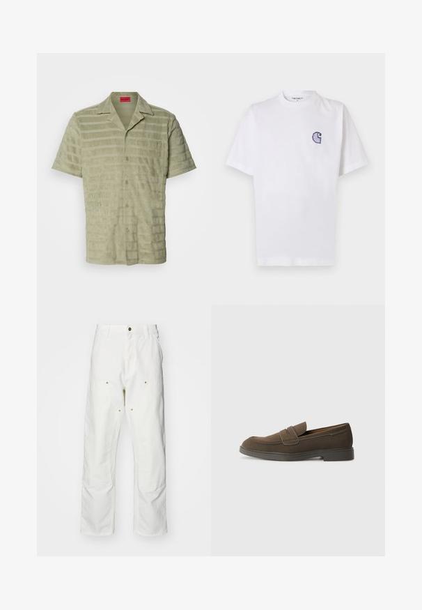 Short-sleeve shirt in light green, textured fabric with alternating horizontal stripes, button closure, and a chest pocket with logo detail.; White cotton t-shirt with short sleeves, round neckline, and a small, embroidered blue "C" logo on the left chest area.; White cotton cargo pants with a relaxed fit. Features include front pockets, gold hardware accents, and reinforced knee sections.; Brown suede loafer with a rounded toe, a strap across the vamp, and a flat rubber sole. Simple design with clean lines and minimal detailing.