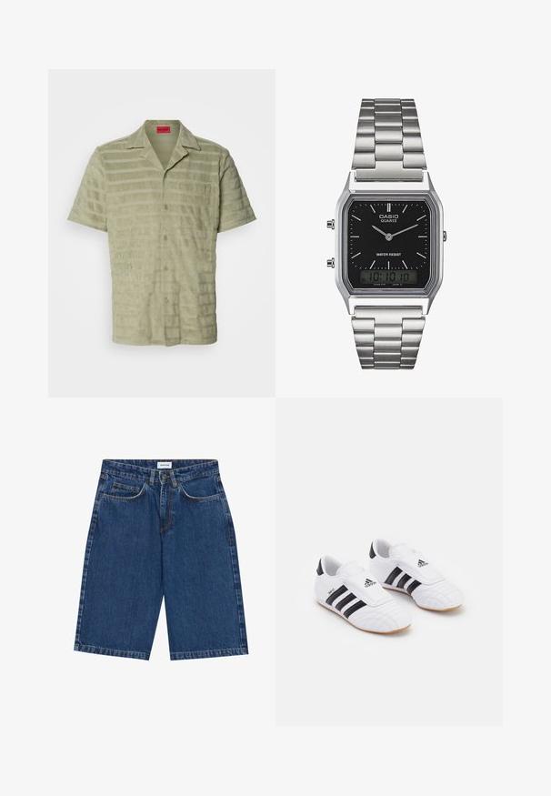Kurzarmhemd in hellgrün, strukturierter Stoff mit abwechselnden horizontalen Streifen, Knopfverschluss und einer Brusttasche mit Logodetail.; Dunkelblaue Jeansshorts mit einem Fünf-Taschen-Design, geradem Schnitt und sichtbaren Nähakzenten. Glatte Textur und mittelhohe Taille.; Weiße Sportschuhe mit schwarzen Streifen, die eine samtähnliche Textur, eine abgerundete Zehe und einen Klettverschluss aufweisen. Gummisohle für besseren Halt.; Silberner Edelstahl-Quartz-Uhr mit schwarzem rechteckigem Zifferblatt, ausgestattet mit analogen Zeigern, digitaler Anzeige und Wasserdichtigkeitslabel.