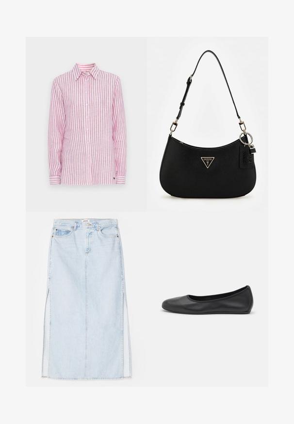 Long-sleeve shirt in pink and white striped linen, featuring a classic collar, button front, and cuffed sleeves with striped accents.; Light blue denim maxi skirt with a straight cut, featuring side slits and five-pocket design. Prominent stitching and metal button closure.; Black leather ballet flat with a rounded toe, smooth texture, minimal stitching detail, and a flexible sole design.; Black synthetic shoulder bag with a curved silhouette, textured finish, gold triangle logo, and detachable hardware accents.