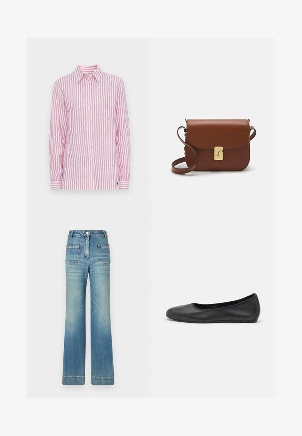 Long-sleeve shirt in pink and white striped linen, featuring a classic collar, button front, and cuffed sleeves with striped accents.; Light blue denim flared jeans with five pockets, belt loops, button closure, and a slightly faded texture, featuring a red logo detail on the back.; Black leather ballet flat with a rounded toe, smooth texture, minimal stitching detail, and a flexible sole design.; Brown leather handbag with a flap closure, gold-tone hardware, a shoulder strap, and a smooth texture. Compact rectangular shape.