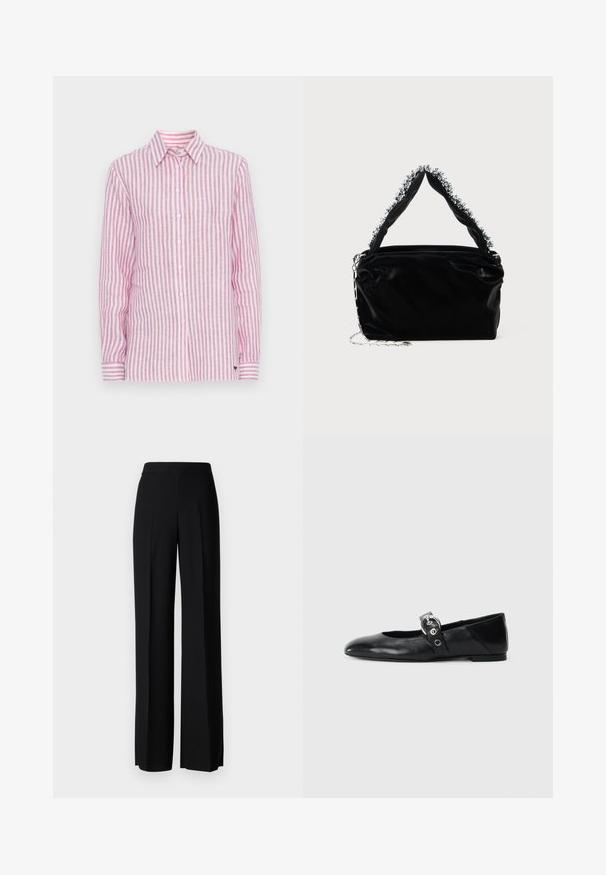 Rozā un baltā svītrainā linu krekls ar garām piedurknēm, klasisku apkakli, pogu priekšpusi un piedurknes ar svītrainām akcentiem.; Melni platleği bikses ar gludu tekstūru, ar augstu jostasvietu un centrālajām krokām. Nav redzamu rakstu vai aparatūras detaļu.; Melnas ādas baleta kurpes ar smailu purngalu, ar siksniņu ar apaļu metāla sprādzi un platu zoli.; Melnā mākslīgās ādas rokassomu ar teksturētu apdari, kas piedāvā pērlītēm rotātu sudraba akcentu augšējā rokturī un ķēdes siksnu.