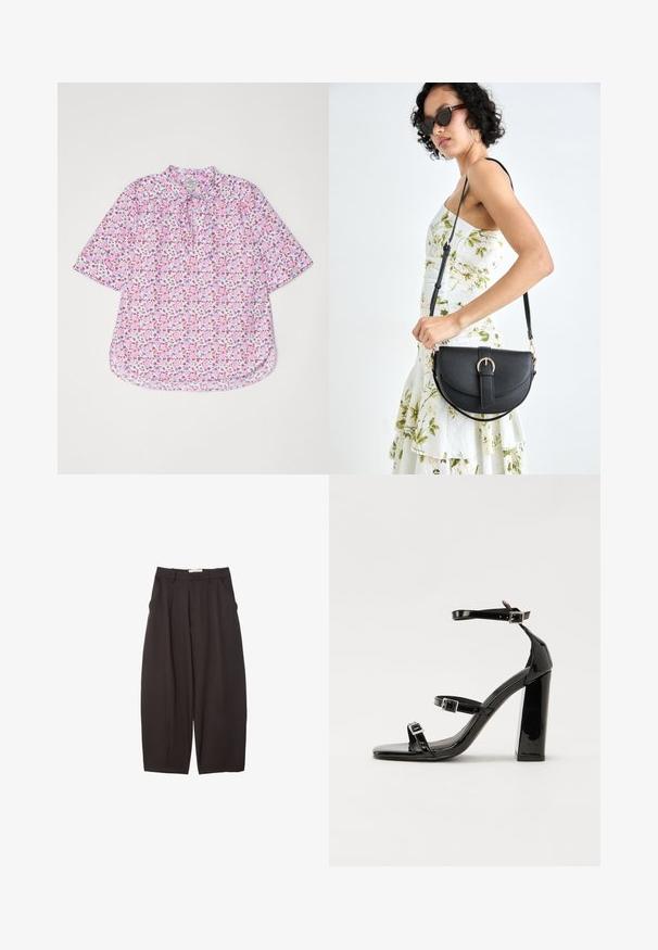 Blouse florale en rose clair avec des imprimés violets, rouges et verts. Présente un col montant, des manches courtes et un design froncé aux épaules.; Pantalons larges noirs en tissu lisse, avec une taille haute, des plis avant et des poches latérales. Design simple sans embellissements.; Sandales à talons vernies noires avec un bout carré, des sangles autour de la cheville et des boucles en argent. Dotées d'un talon bloc épais pour plus de stabilité.; Sac à main en cuir noir avec une forme courbée, bandoulière amovible et des accessoires en or. Le sac est doté d'un rabat avec un détail de boucle.