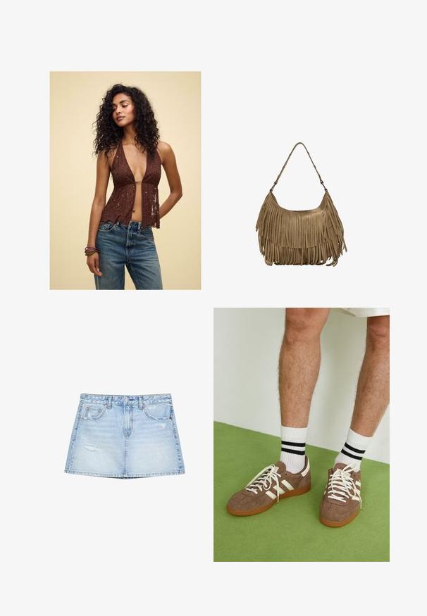 Brown sequined halter top with a deep V-neck and sheer fabric, featuring a scalloped hem. Paired with high-waisted blue jeans.; Light blue denim skirt featuring a straight cut, front pockets, and distressed details. Finished with a button and zip fly closure.; Brown suede sneakers with white accents and laces. Rubber gum sole. Worn with white socks featuring black stripes. Green textured flooring.; Brown suede handbag with long fringe details, a curved shape, and a single shoulder strap. Features a smooth, textured surface.