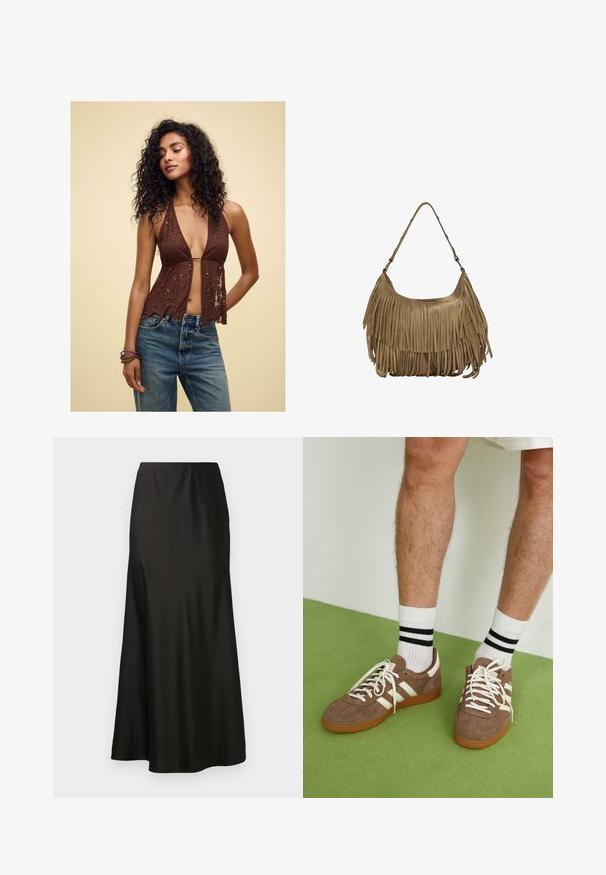 Brauner, mit Pailletten besetzter Halsband-Top mit tiefem V-Ausschnitt und durchscheinendem Stoff, versehen mit einem gewellten Saum. Kombiniert mit hochtaillierten blauen Jeans.; Schwarzer Satin-Maxikleid mit glatter Textur, hoher Taille und ausgestelltem Saum. Hat ein einfaches Design ohne sichtbare Muster oder Hardware.; Braune Wildleder-Sneaker mit weißen Akzenten und Schnürsenkeln. Gummisohle in Kautschuk-Optik. Getragen mit weißen Socken, die schwarze Streifen haben. Grüner strukturierter Fußboden.; Braune Wildleder-Handtasche mit langen Fransen, einer geschwungenen Form und einem einzelnen Schultergurt. Verfügt über eine glatte, strukturierte Oberfläche.
