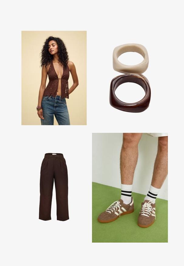 Hnědý halter top s flitry, hlubokým výstřihem do V a průhlednou tkaninou, s volánkovým lemem. Slučuje se s vysokým pasem modrými džínami.; Kalhoty s vysokým pasem, široké a tmavě hnědé, s poutky na pás a předními řaseními, vystavené na bílém pozadí.; Hnědé semišové tenisky s bílými akcenty a tkaničkami. Gumová podrážka. Nošeny s bílými ponožkami s černými pruhy. Zelená strukturovaná podlaha.; Stradivarius SET - Náramek - dark brown