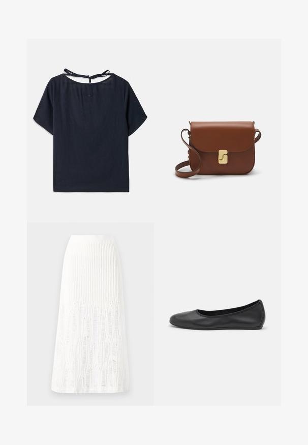 Mørkeblå linned-top med vid udskæring, korte ærmer og en bindebånd bagpå. Har diskret broderi nær udskæringen.; Strikket hvid midi-nederdel med et tekstureret mønster med vertikale linjer og udskæringer nær kanten. Elastisk talje. Blødt materiale.; Sort læderballetsko med rund tå, glat tekstur, minimal syning og et fleksibelt såldesign.; Brun læder håndtaske med flaplukning, hardware i gyldent tone, en skulderrem og en glat overflade. Kompakt rektangulær form.