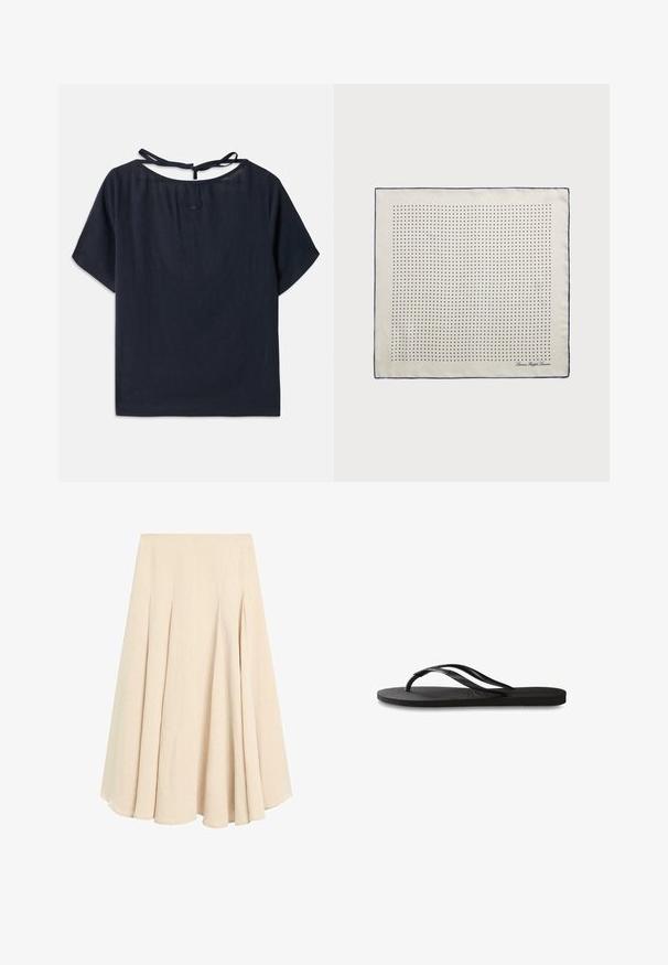Dunkelbluse aus Leinen mit weitem Rundhalsausschnitt, kurzen Ärmeln und einer Schleife im Rücken. Verfügbar mit dezenten Stickereien nahe dem Ausschnitt.; Beige Midirock in A-Linie mit Falten, aus leichtem Stoff, mit einem glatten Taillenbund und einem ausgestellten Saum.; Schwarze Flip-Flops mit einer strukturierten Gummisohle, zwei schlanken Riemen und einem dezenten, geprägten Logo-Detail auf dem Riemen.; Seidenschal in Creme mit einem Marineblauen Rand, der gleichmäßig verteilte marineblaue Punkte in einem Muster zeigt. Signatur in der Ecke gedruckt.; Braune Wildlederhandtasche mit strukturierter Form, silbernem Logo-Element, kurzem Tragegriff und abnehmbarem Schultergurt. Glatte Textur, minimalistisches Design.