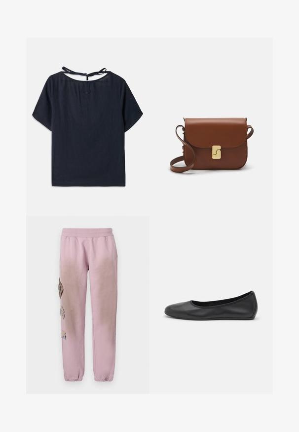 Dunkelbluse aus Leinen mit weitem Rundhalsausschnitt, kurzen Ärmeln und einer Schleife im Rücken. Verfügbar mit dezenten Stickereien nahe dem Ausschnitt.; Weißes kurzärmliges T-Shirt aus geripptem Stoff. Runder Halsausschnitt, normale Passform und dezente Nähte. Keine Muster oder Grafiken.; Rosa Sweatpants mit elastischem Bund, verziert mit dekorativen Patches in Diamantform auf der linken Seite und elastischen Bündchen an den Knöcheln.; Schwarze Leder-Ballettschuhe mit abgerundeter Spitze, glatter Textur, minimalen Nähdetails und einem flexiblen Sohlen-Design.; Braune Ledertasche mit Klappenverschluss, Beschlägen in Goldfarbe, einem Schultergurt und einer glatten Oberfläche. Kompakte rechteckige Form.